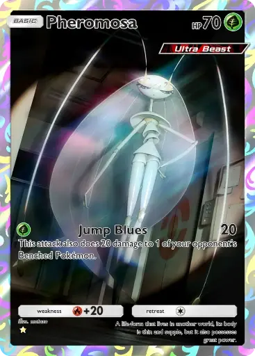 Carta de Pokémon TCG retratando Pheromosa, Ultra Beast de corpo elegante e insetoide, lembrando uma barata alta e graciosa. A criatura é esguia, branca e brilhante, com antenas longas e postura refinada. O card é do tipo Planta e apresenta 110 pontos de vida. Seus ataques exploram velocidade e movimentos ágeis.