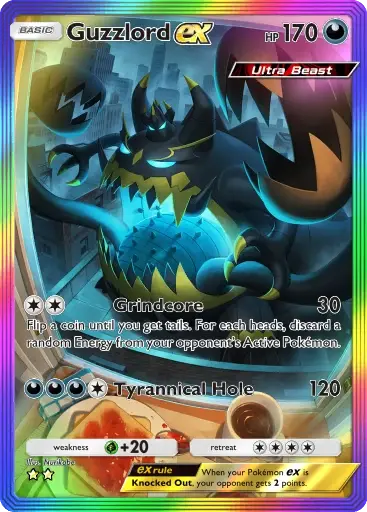 Carta de Pokémon TCG representando Guzzlord, uma Ultra Beast. A ilustração mostra a criatura em cores escuras, com corpo massivo e boca enorme cheia de presas afiadas, destacada contra um fundo roxo. O card é do tipo Dark e tem 160 pontos de vida. Possui ataques poderosos que consomem múltiplas energias, refletindo sua natureza voraz.