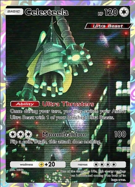 Carta de Pokémon TCG mostrando Celesteela, uma Ultra Beast massiva com aparência de foguete ou torre metálica, lembrando um bambu gigante mecanizado. A criatura é prateada e tem membros longos que se assemelham a braços de lança. O card é do tipo Metal e traz 200 pontos de vida. Os ataques destacam sua força e peso.