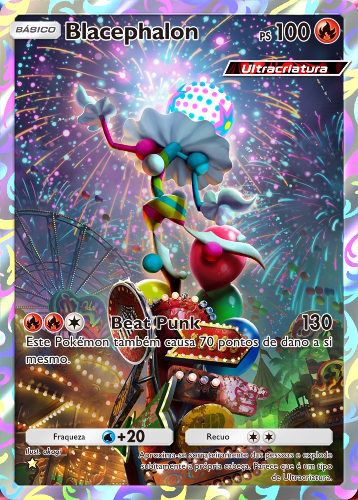 Carta de Pokémon TCG com Blacephalon, uma Ultra Beast de aparência excêntrica. O Pokémon tem corpo humanoide esguio e cabeça em forma de bola de fogo ou fogo de artifício multicolorido. O fundo é vibrante, reforçando seu aspecto explosivo. O card é do tipo Fogo, com 110 pontos de vida. Seus ataques têm relação com explosões e descartes de energia.